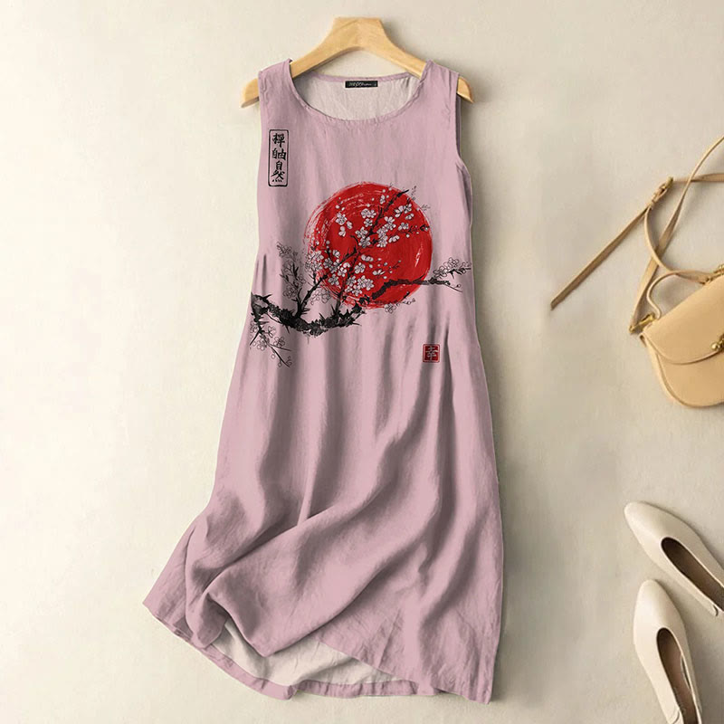Dashingsoul Vintage Japanese Ink Flower Sunrise Art Print Sleeveless Midi Dress