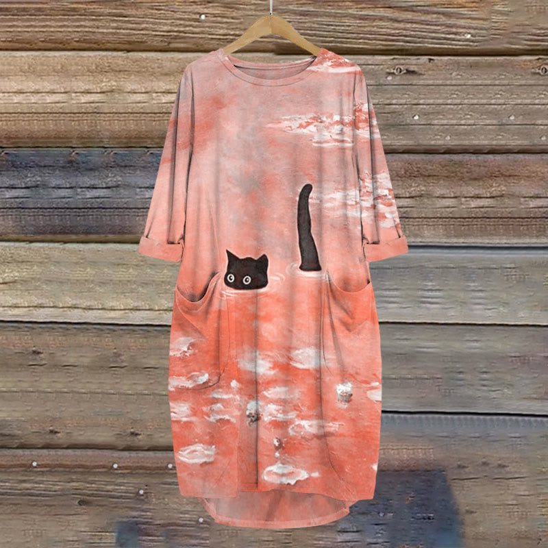 Dashingsoul Women's Oil Painting Cat Print Crew Neck Dress