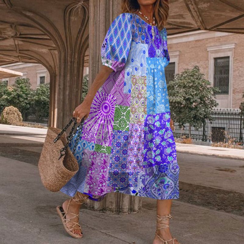Dashingsoul Summer Vacation Boho Multicolor Floral Art Patchwork Print Casual Loose Dress