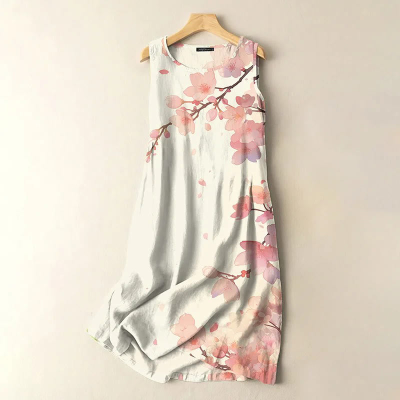 Dashingsoul Vintage Japanese Ink Cherry Blossom Art Print Sleeveless Midi Dress