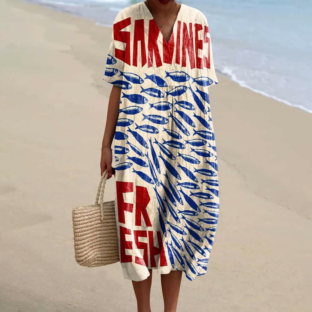 Dashingsoul Women's Casual Fresh Sardines Art Print Short-sleeved Midi Dress