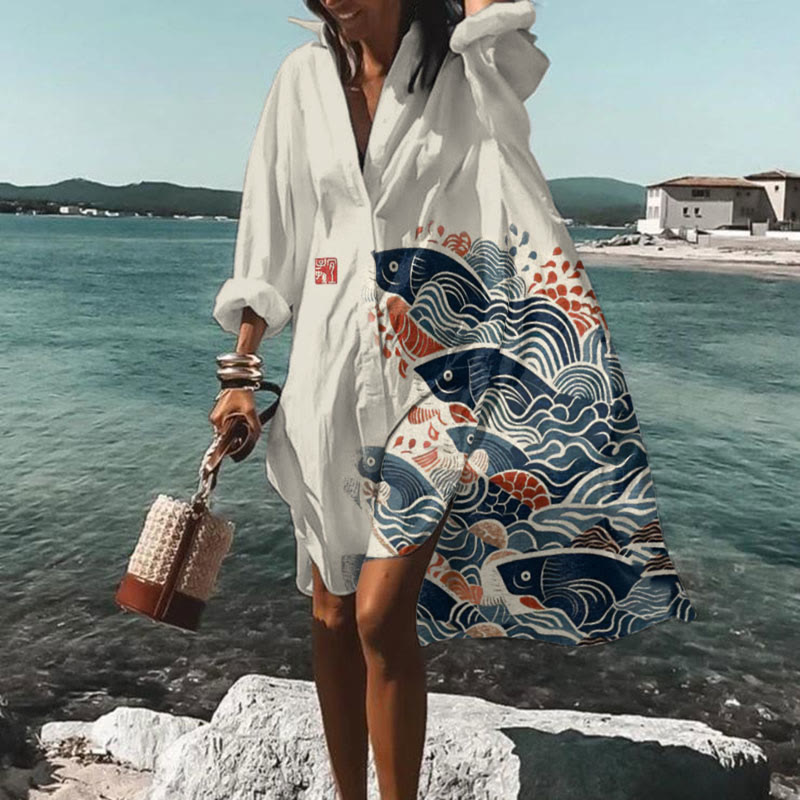 Dashingsoul Japanese Art Carp Vacation Print Shirt Dress