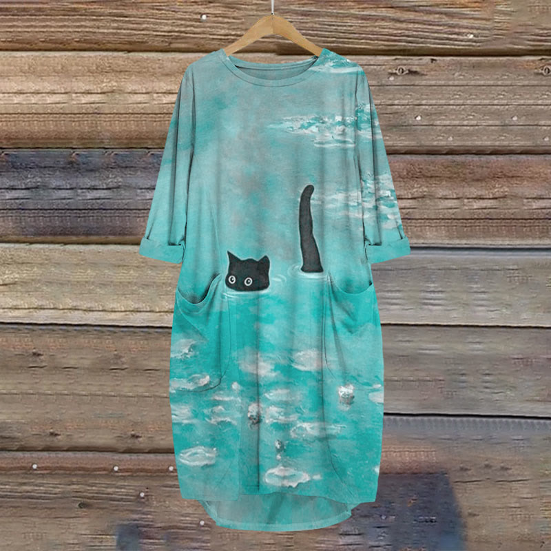 Dashingsoul Women's Oil Painting Cat Print Crew Neck Dress