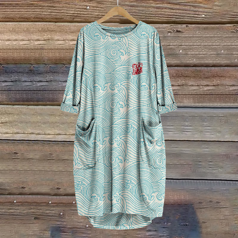 Dashingsoul The Silent Dance Of Waves Japanese Art Print Crew Neck Casual Dress