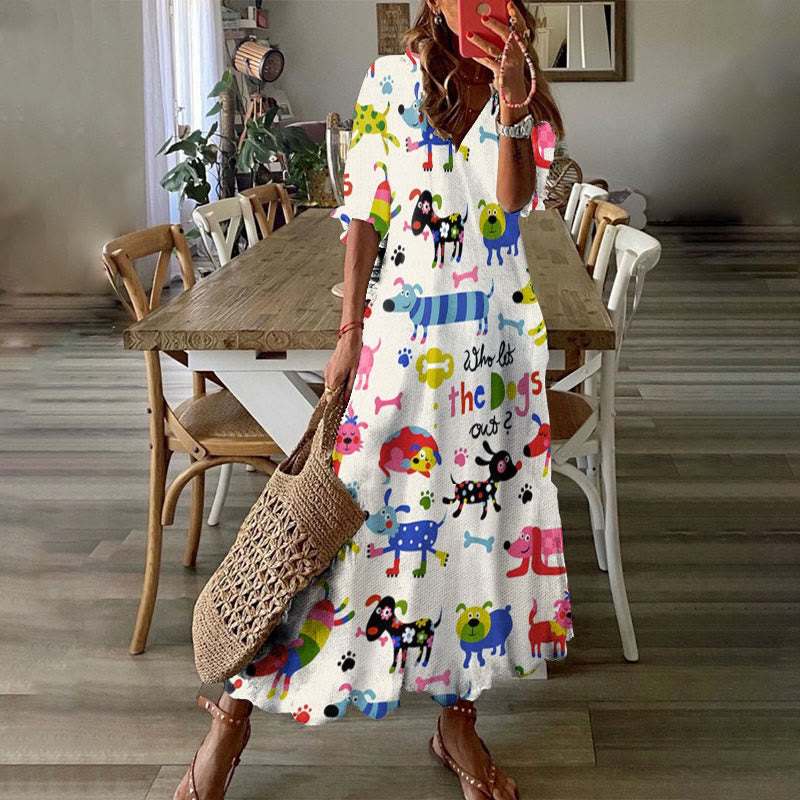Dashingsoul Women's Multiple Colorful Pet Dogs Paradise Art Print Short Sleeve V-neck Maxi Dress