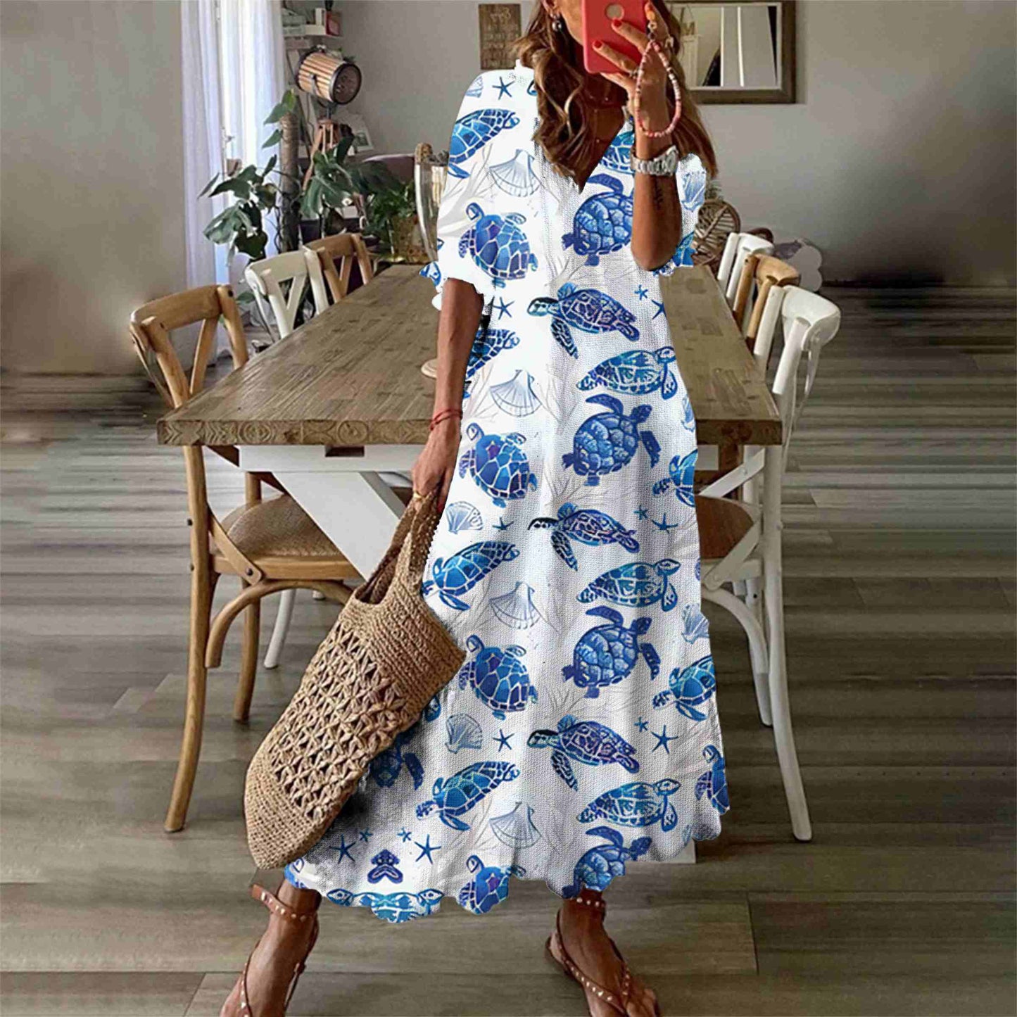 Dashingsoul Ombre Lovely Sea Turtles Casul Print Short Sleeve V-neck Maxi Dress