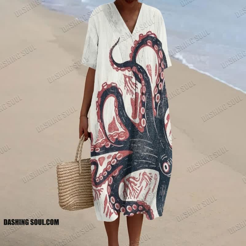 Vintage Japanese Octopus Art Print Short-sleeved Midi Dress