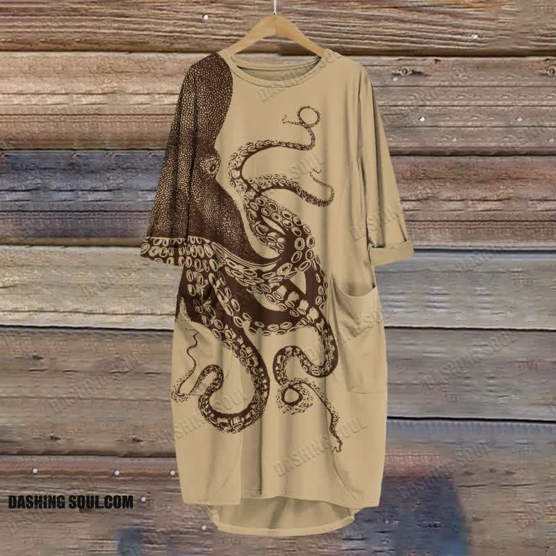 Japanese Art Octopus Graphic Print Crew Neck Dress