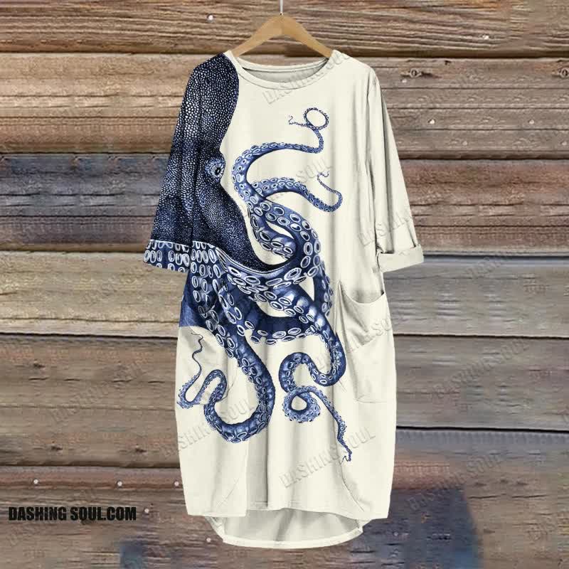 Japanese Art Octopus Graphic Print Crew Neck Dress