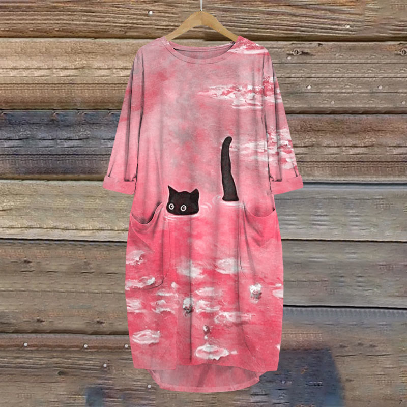 Dashingsoul Women's Oil Painting Cat Print Crew Neck Dress