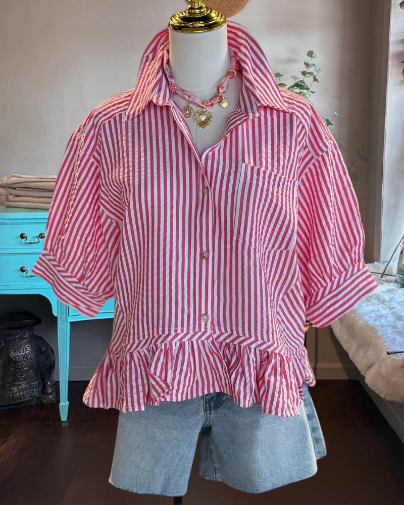 Striped Pleated Ruffle Hem Blouse