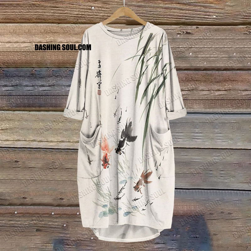 Dashingsoul Cute Goldfish Ink Painting Art Print Crew Neck Casual Dress