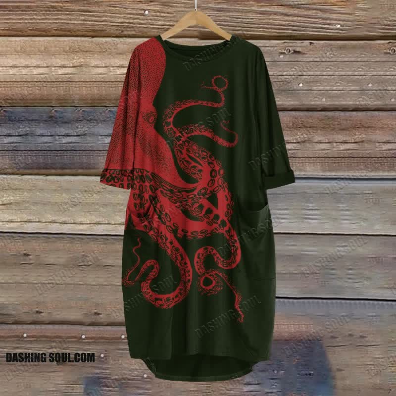 Japanese Art Octopus Graphic Print Crew Neck Dress