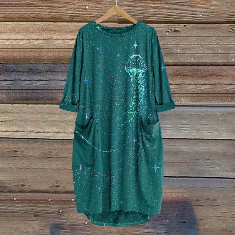 Dashingsoul Colorful Starry Sky Jellyfish Print Crew Neck Casual Dress
