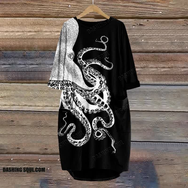 Japanese Art Octopus Graphic Print Crew Neck Dress