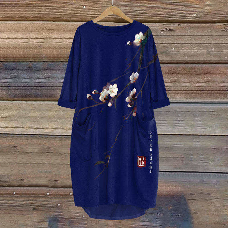 Dashingsoul Vintage Plum Blossom Art Print Crew Neck Dress
