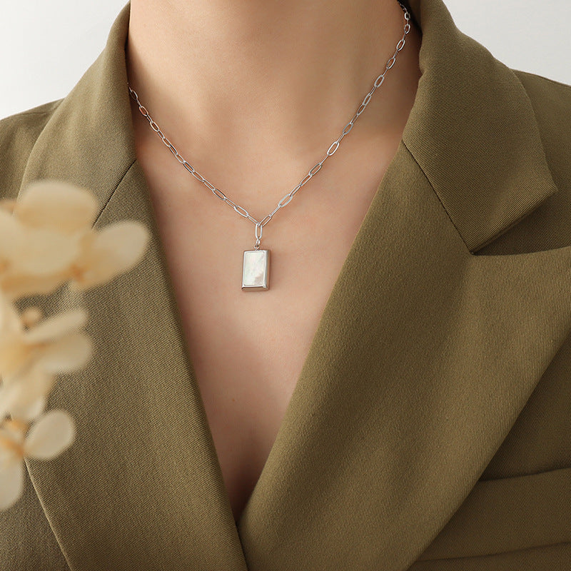 Square Shape White Seashell Pendant Chain Necklace