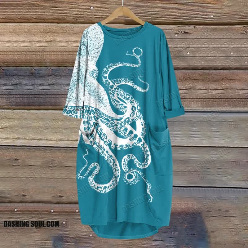 Japanese Art Octopus Graphic Print Crew Neck Dress