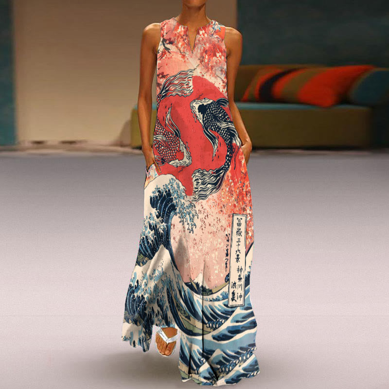 Dashingsoul Japanese Koi Wave Print Sleeveless Maxi Dress
