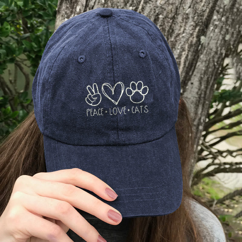 Dashingsoul Peace Love Cats Print Washed Baseball Cap