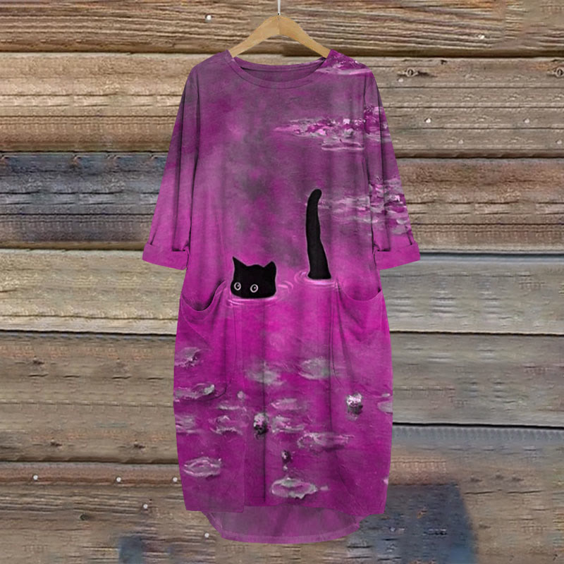 Dashingsoul Women's Oil Painting Cat Print Crew Neck Dress