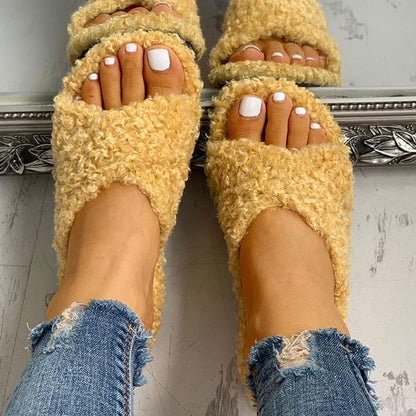 Solid Fluffy Crisscross Design Flat Sandals