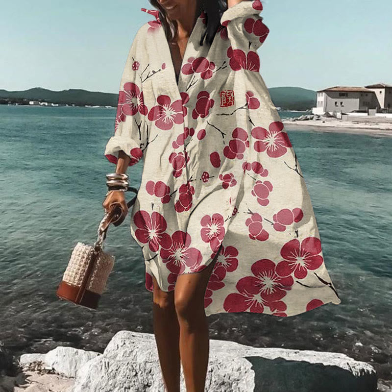 Dashingsoul Vacation Cherry Blossom Japanese Lino Art Vintage Print Shirt Dress