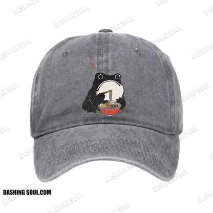 Unisex 100% Cotton Funny Frog Eating Ramen Vintage Print Cap