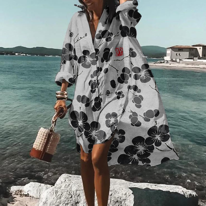 Dashingsoul Vacation Cherry Blossom Japanese Lino Art Vintage Print Shirt Dress