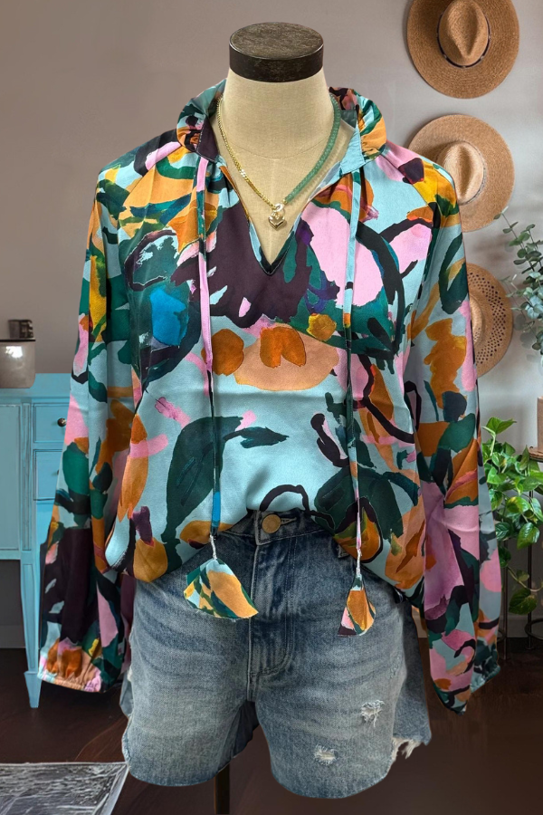 Teal Abstract Floral Blouse