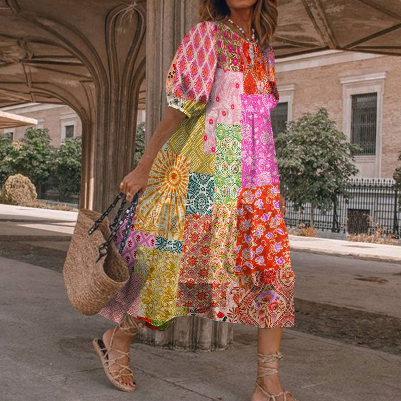 Dashingsoul Summer Vacation Boho Multicolor Floral Art Patchwork Print Casual Loose Dress