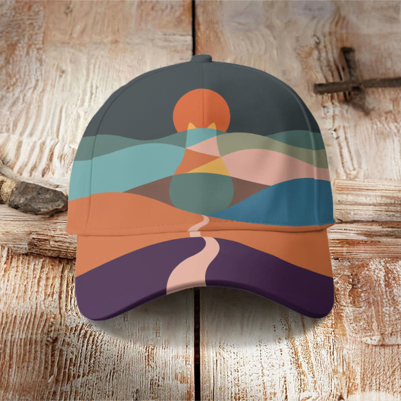 Dashingsoul Cat Mountains Landscape Sunrise Japanese Art Cap