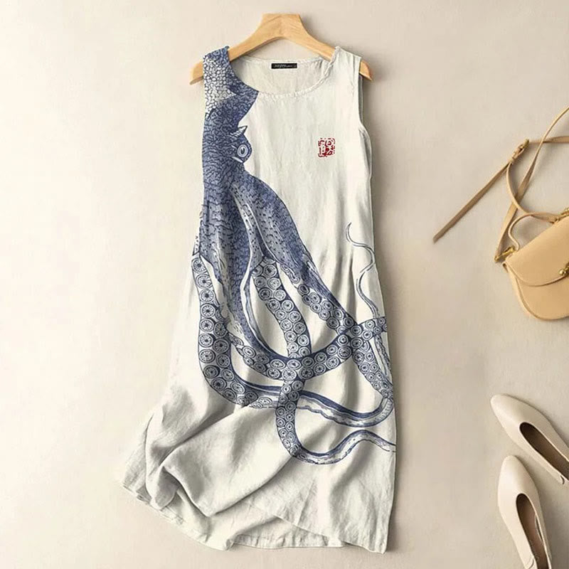 Dashingsoul Vintage Japanese Art Octopus Print Sleeveless Midi Dress