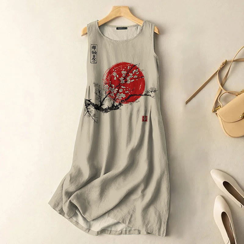 Dashingsoul Vintage Japanese Ink Flower Sunrise Art Print Sleeveless Midi Dress