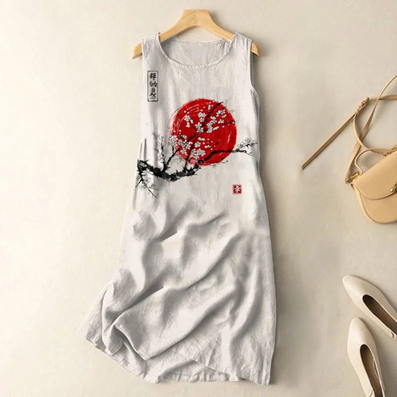 Dashingsoul Vintage Japanese Ink Flower Sunrise Art Print Sleeveless Midi Dress