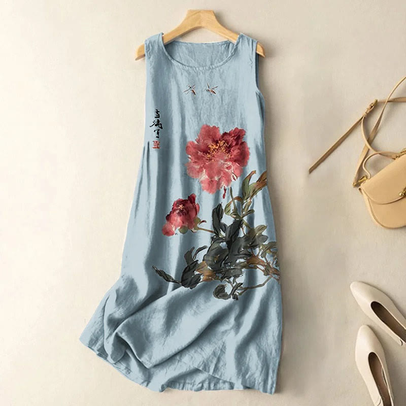 Dashingsoul Vintage Japanese Ink Flower Calligraphy Art Print Sleeveless Midi Dress