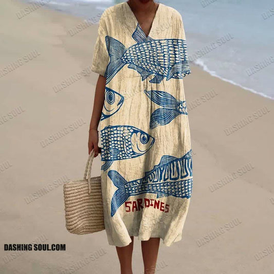 Women's Casual Cute Sardines Art Print Short-sleeved Midi Dress