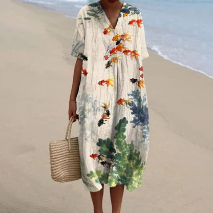 Dashingsoul Women's Watercolor Fish Art Print Short-sleeved Midi Dress