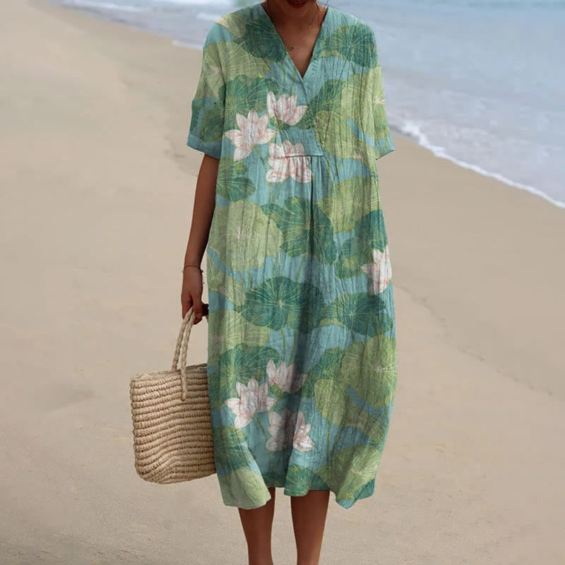 Dashingsoul Women's Vintage Lovely Lily Art  Print Short-sleeved Midi Dress