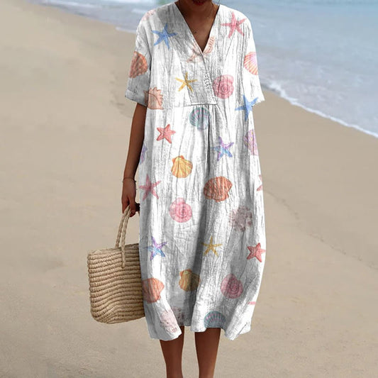 Dashingsoul Women's Colorful Starfish Shell Art Print Short-sleeved Midi Dress