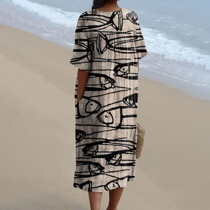 Dashingsoul Women's Ink Watercolor Sketch Drawing Fish Art Print Short-sleeved Midi Dress