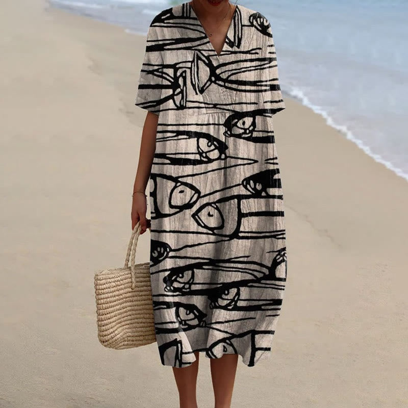 Dashingsoul Women's Ink Watercolor Sketch Drawing Fish Art Print Short-sleeved Midi Dress