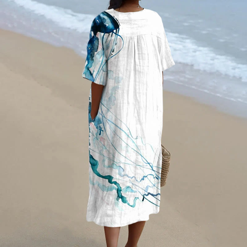 Dashingsoul Women's Watercolor Painting Abstract Octopus Tentacles Art Print Short-sleeved Midi Dress