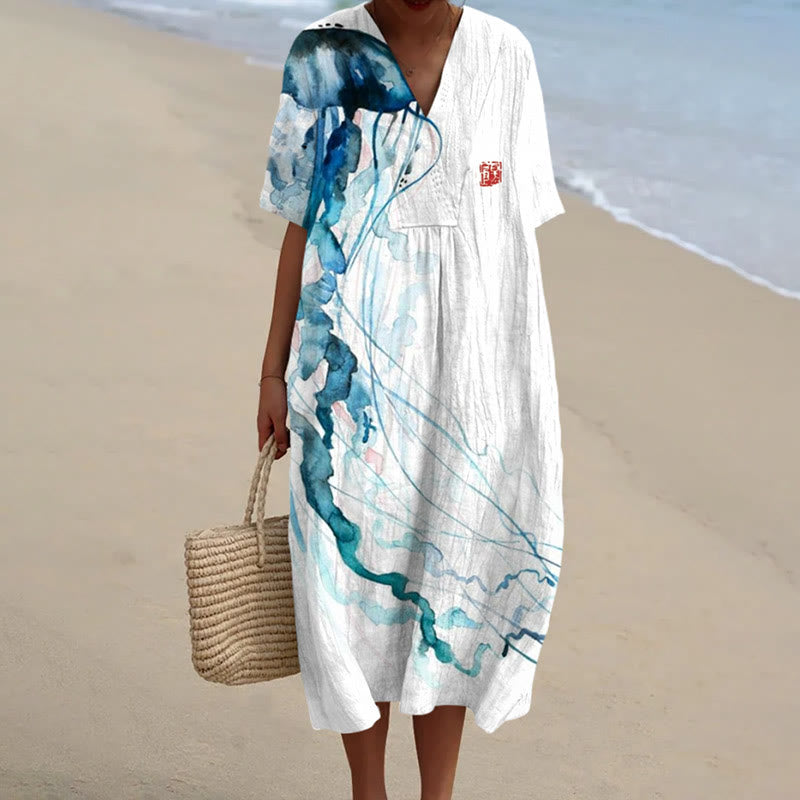 Dashingsoul Women's Watercolor Painting Abstract Octopus Tentacles Art Print Short-sleeved Midi Dress