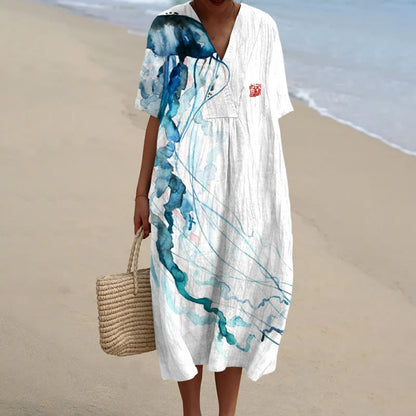 Dashingsoul Women's Watercolor Painting Abstract Octopus Tentacles Art Print Short-sleeved Midi Dress