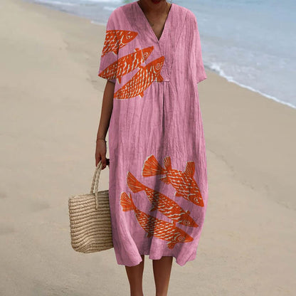 Dashingsoul Women's Lucky Red Koi Fish Art Printed Short-sleeved Midi Dress