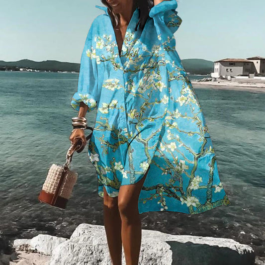 Dashingsoul Almond Blossom Oil Painting Print Dress