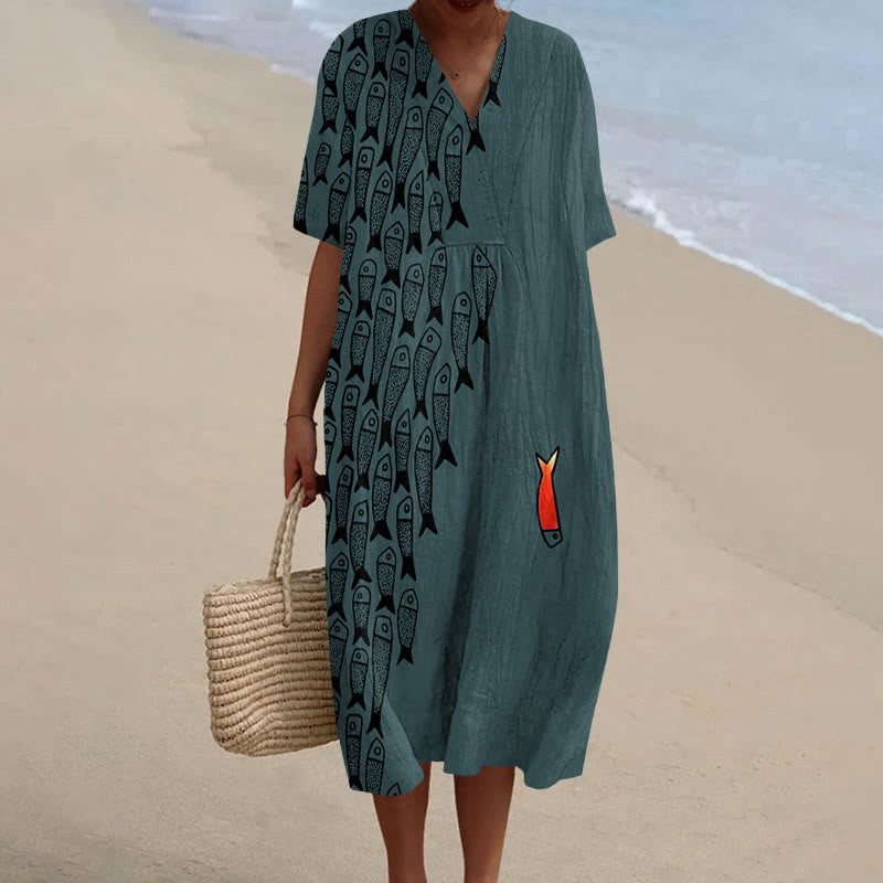 Dashingsoul Cute Simple Lines Abstract Geometric Fish Art Print Casual Midi Dress
