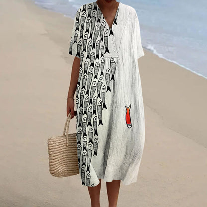 Dashingsoul Cute Simple Lines Abstract Geometric Fish Art Print Casual Midi Dress