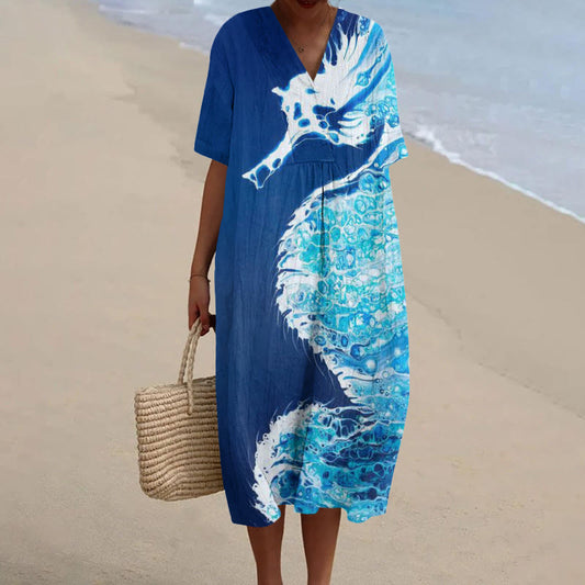 Dashingsoul Ombre Watercolor Seahorse Print V-neck Short Sleeved Midi Dress